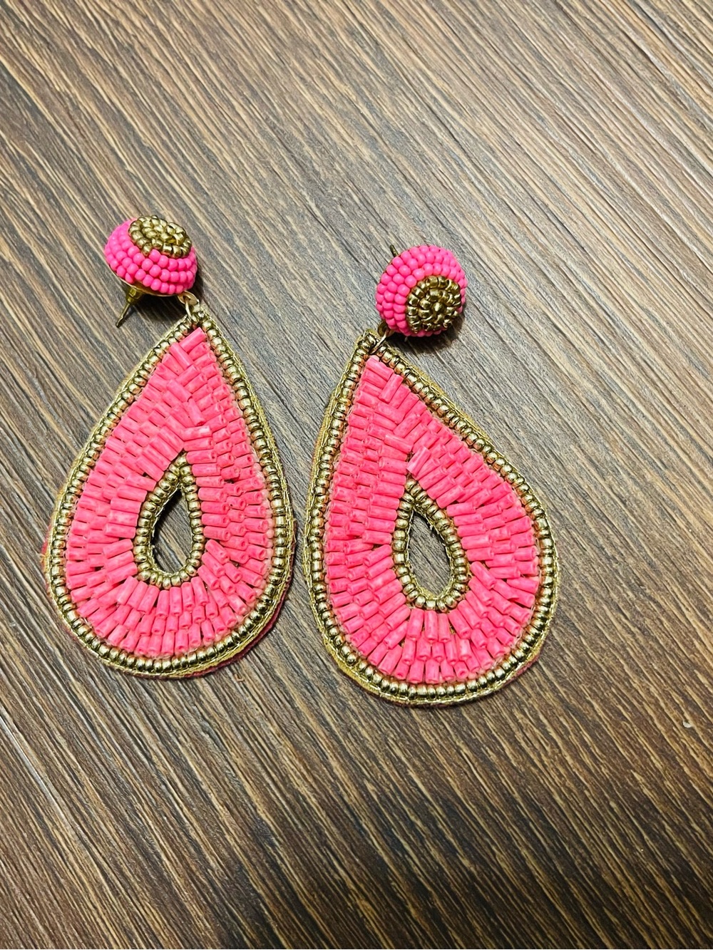 Gold-Trim Pink Beaded Teardrop Earrings